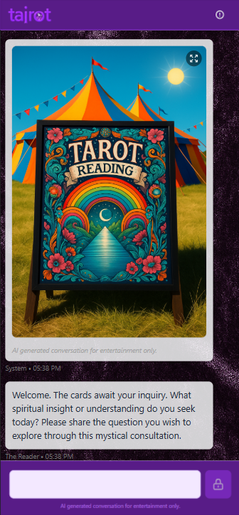 tAIrot app: welcome screen with The Reader inviting your question